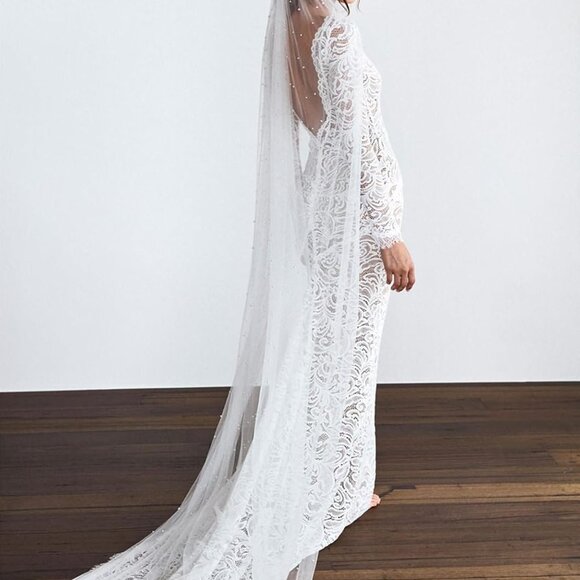 Wedding Veil Pearl Tulle Single Layer Bridal Elbow Fingertip Chapel Length - Picture 3 of 9